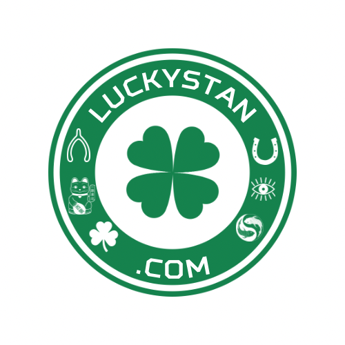 Logo for LuckyStan.com- a four leaf clover in the middle of a white circle with luck symbols surrounding it. the logo is Kelly green and white.
